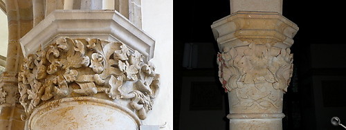 Verschieden verzierte Kapitelle: Links am Übergang vom Langhaus zum Chor, rechts an einer Säule unter der Orgelempore - Bild gross anzeigen